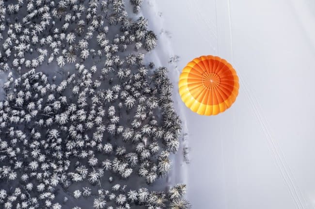 Ein bunter Farbklecks in der winterlichen Landschaft